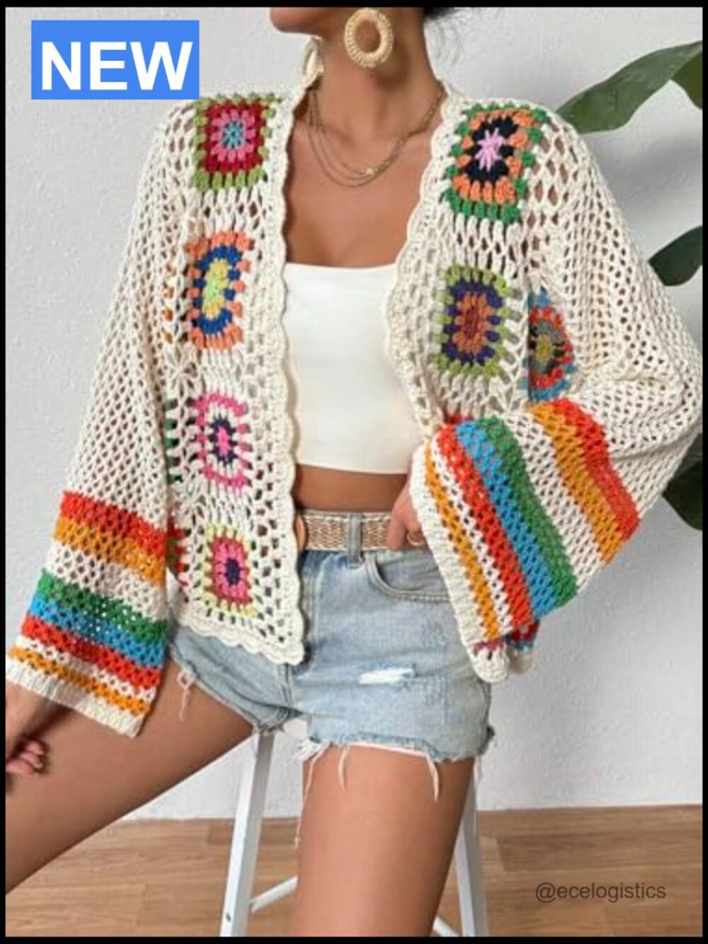 Floral Crochet Open Front Cardigan Sweater Long Sleeve Lightweight - Picture 6 of 7
